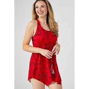 Denim & Co. Scoop Neck Handkerchief Swim Dress Red Boats Size 6 NWT